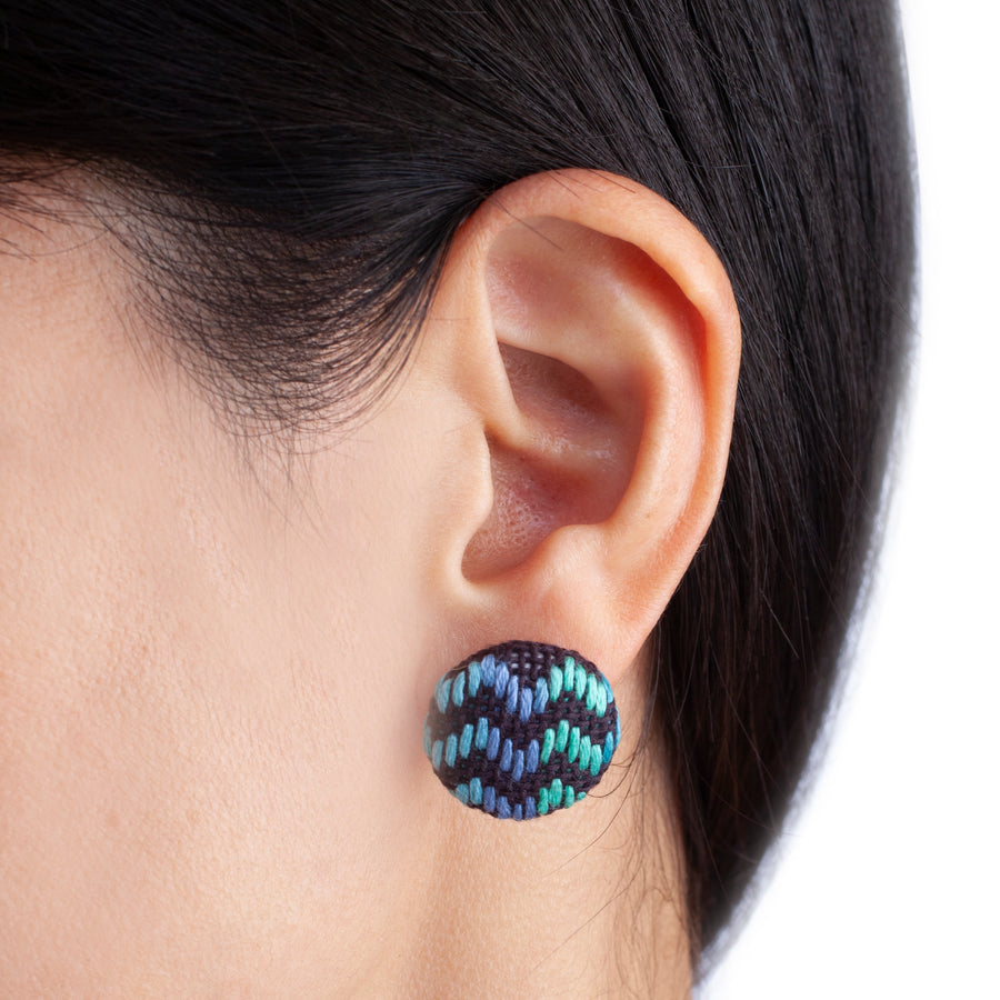 Unique Blue and Black Embroidered Stud Earrings