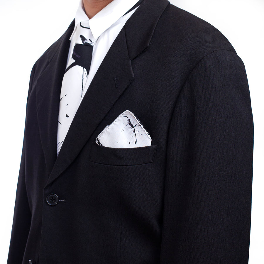 Fancy Black & White Silk Tie & Handkerchief Set