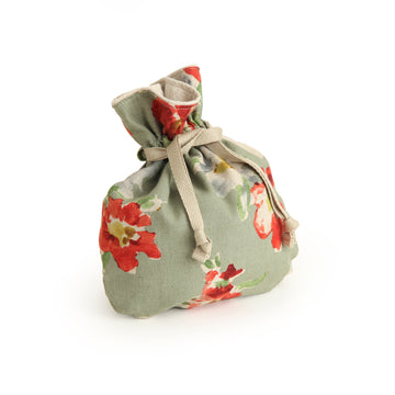 Drawstring Pouch with Red Flowers Design